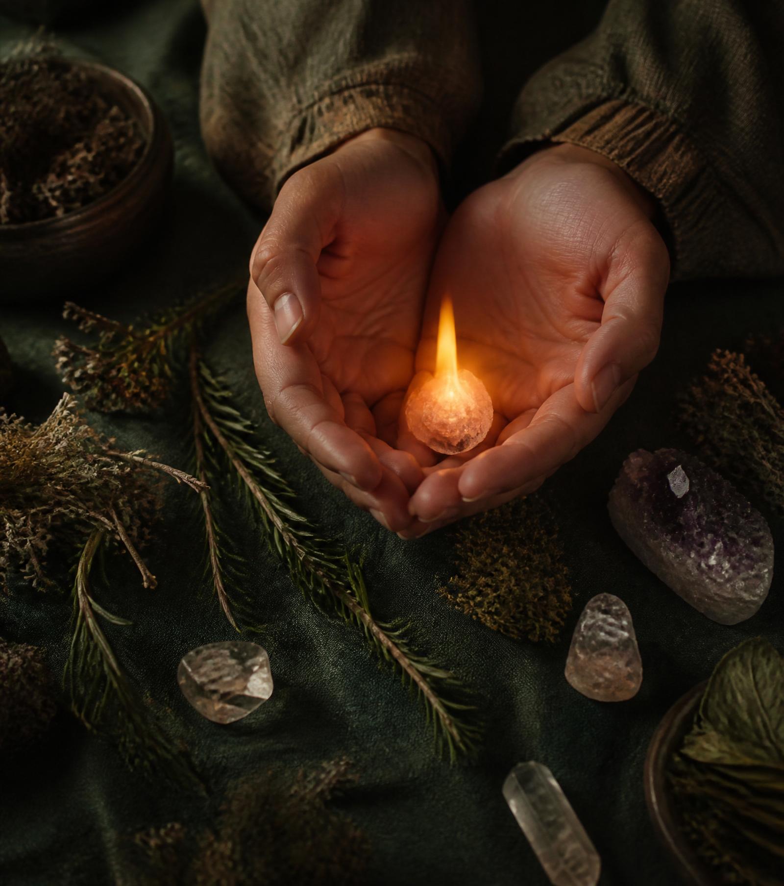 Cupped hands holding a small warm flame surrounded by crystals and dried herbs